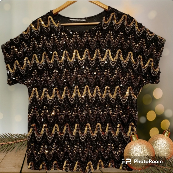 M✨Holiday Christmas Vtg. Sequin Disco Shirt Top Gold black Metallic - Picture 1 of 8